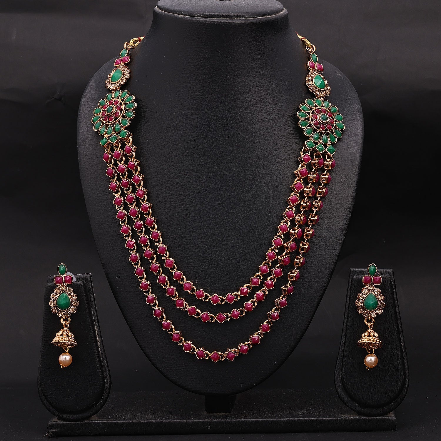 Sukkhi Exotic Layer Reverse AD & Pearl Pink & Green Gold Plated Necklace Set For Women