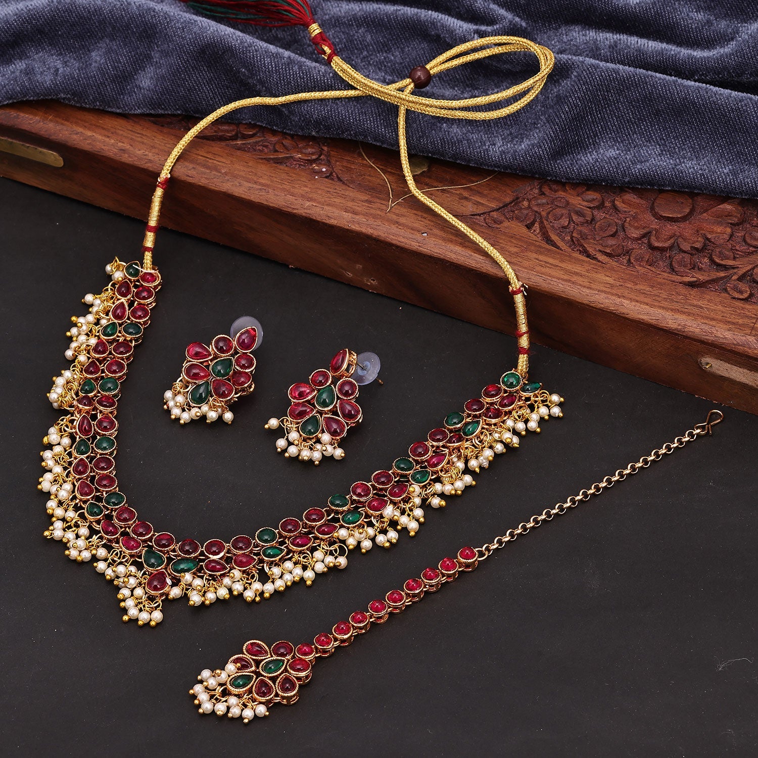 Sukkhi Sensational Choker Pearl Pink & Green Gold Plated Necklace Set For Women