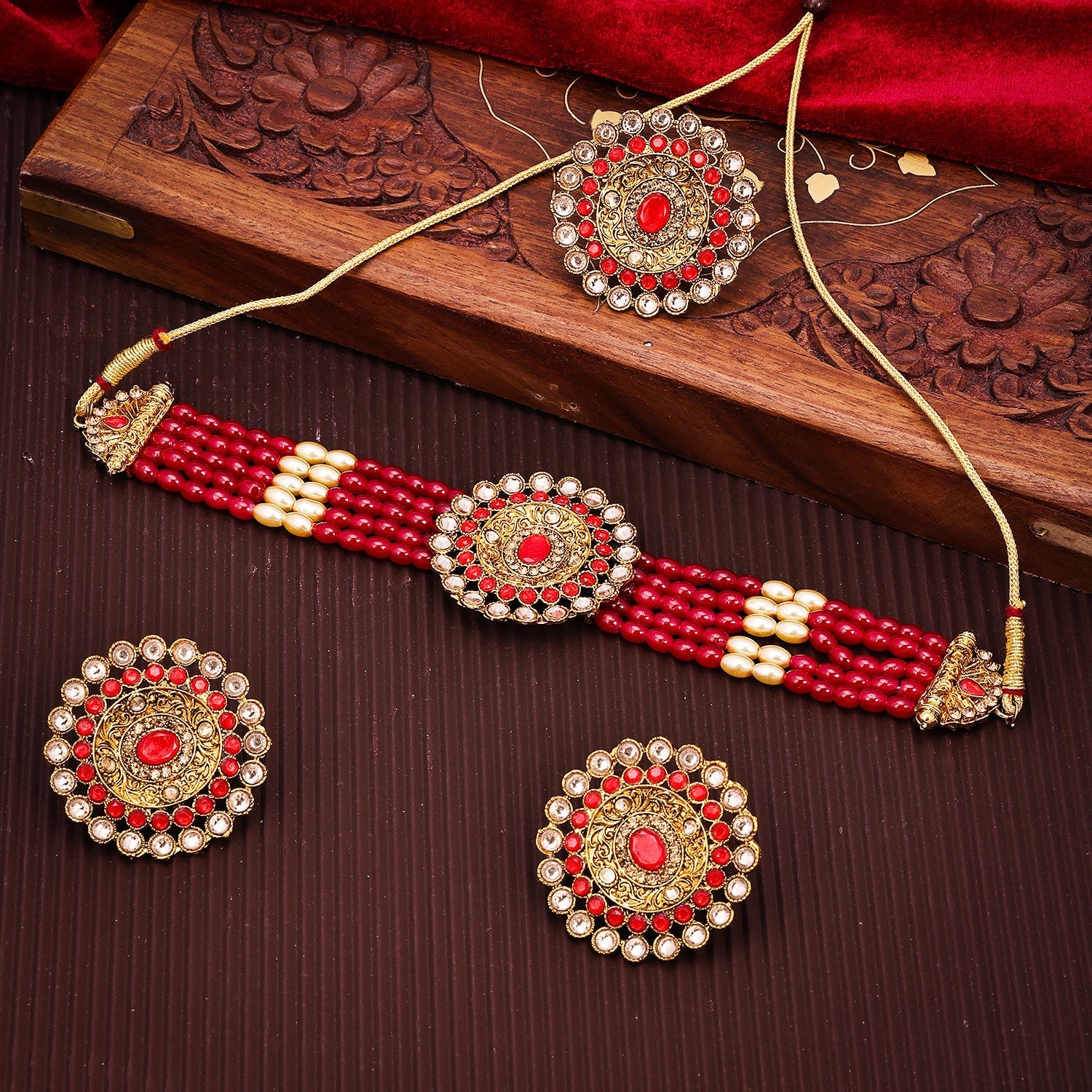 Sukkhi Lovely Choker Reverse AD & Pearl Orange Gold Plated Necklace Set For Women