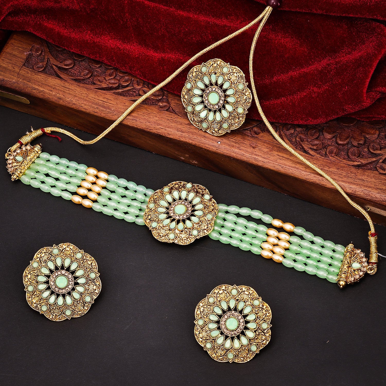 Sukkhi Lavish Incredible Choker Reverse AD & Pearl Green Gold Plated Necklace Set For Women