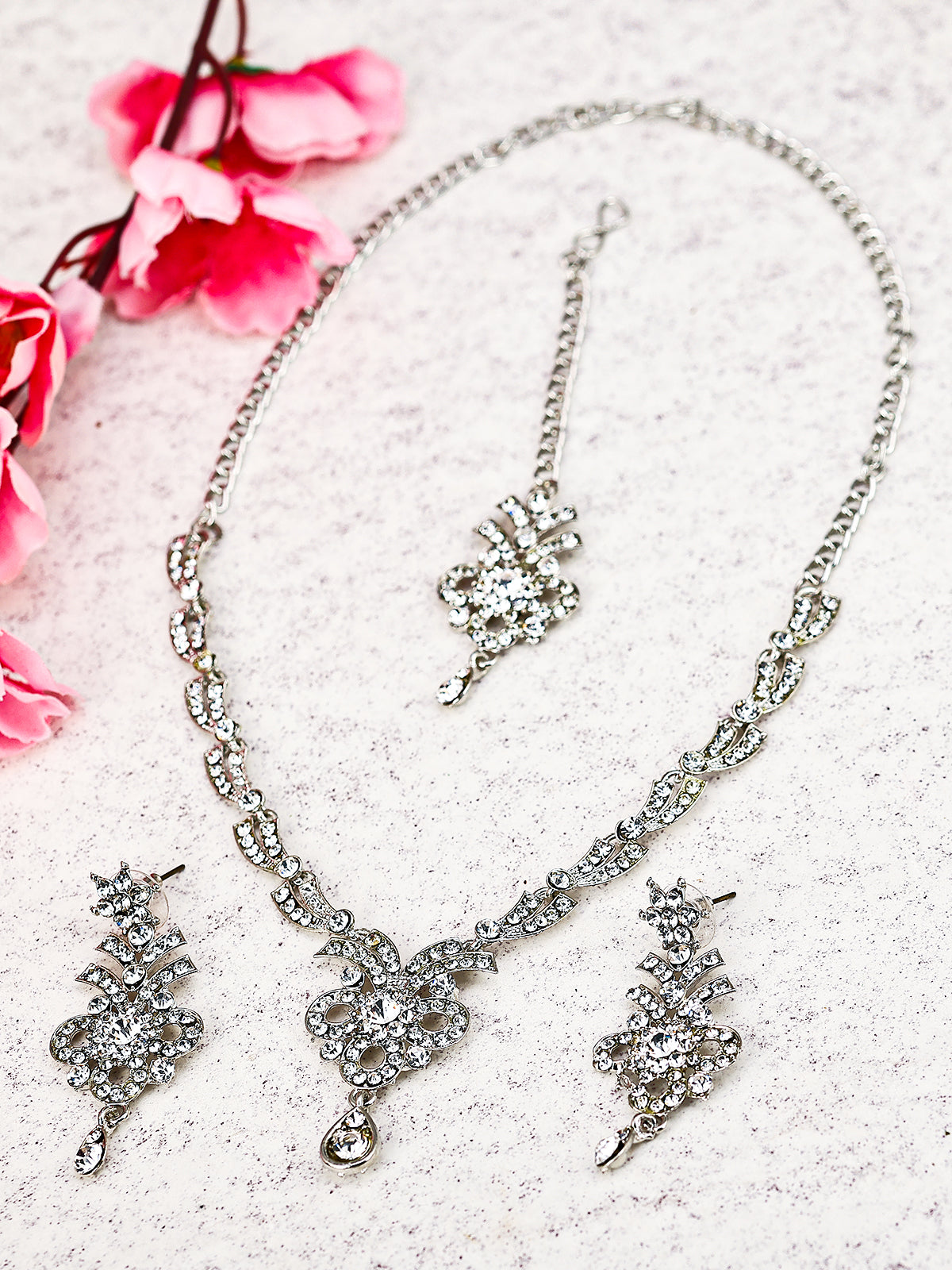 Sukkhi Glistening Rhodium Plated Austrian Diamond Stone Studded Necklace Set 2015NADK1100