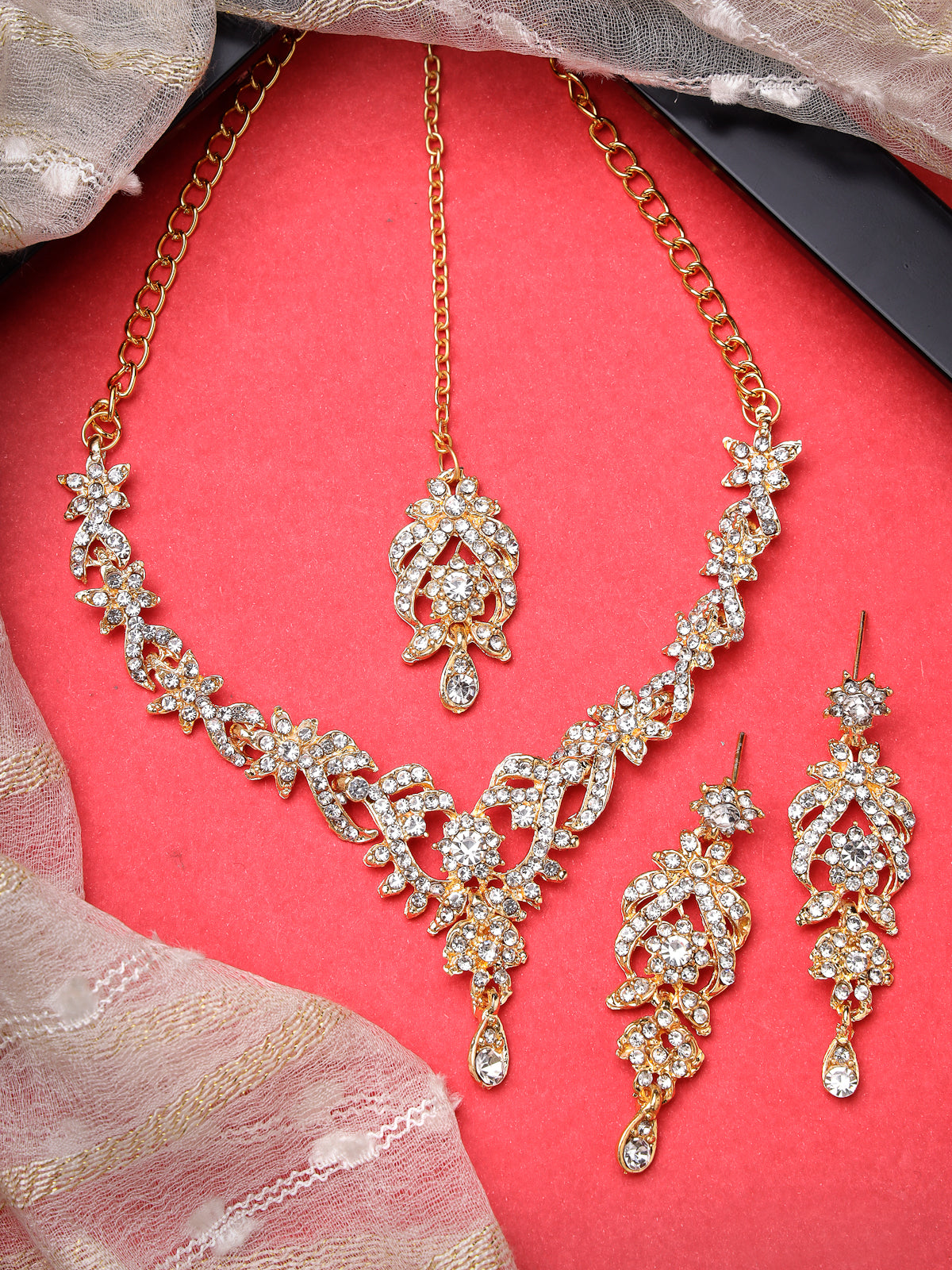 Sukkhi Tendy Fashionable AD Stones Studded Gold Plated Choker Necklace Set with Dangler Earring & Maangtikka Jewellery Set for Women & Girls| Set of 1|2038NADK1050