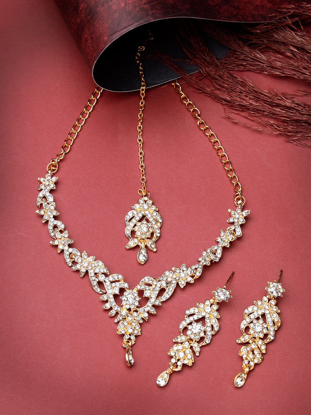 Sukkhi Tendy Fashionable AD Stones Studded Gold Plated Choker Necklace Set with Dangler Earring & Maangtikka Jewellery Set for Women & Girls| Set of 1|2038NADK1050