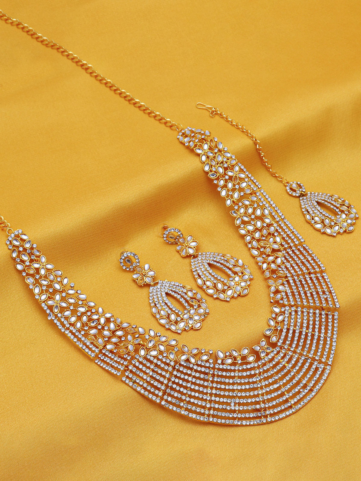 Sukkhi Dazzling Gold Plated Austrian Diamond & Kundan Long Haram Necklace Set for Women 2100NADL3000