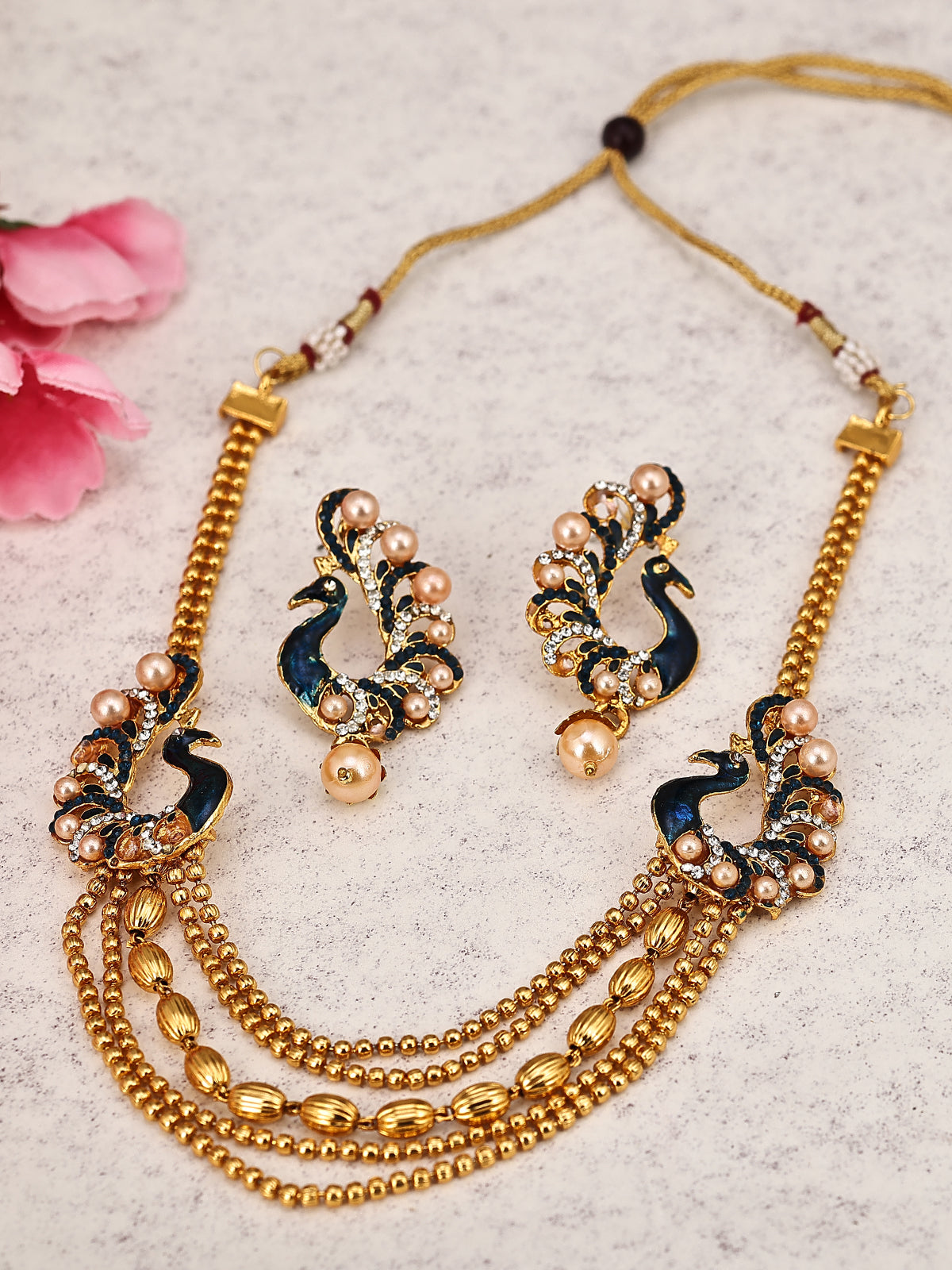 Sukkhi Graceful Pearl Gold Plated Peacock Meenakari Multi-String Necklace Set for Women 2913NGLDPP1700