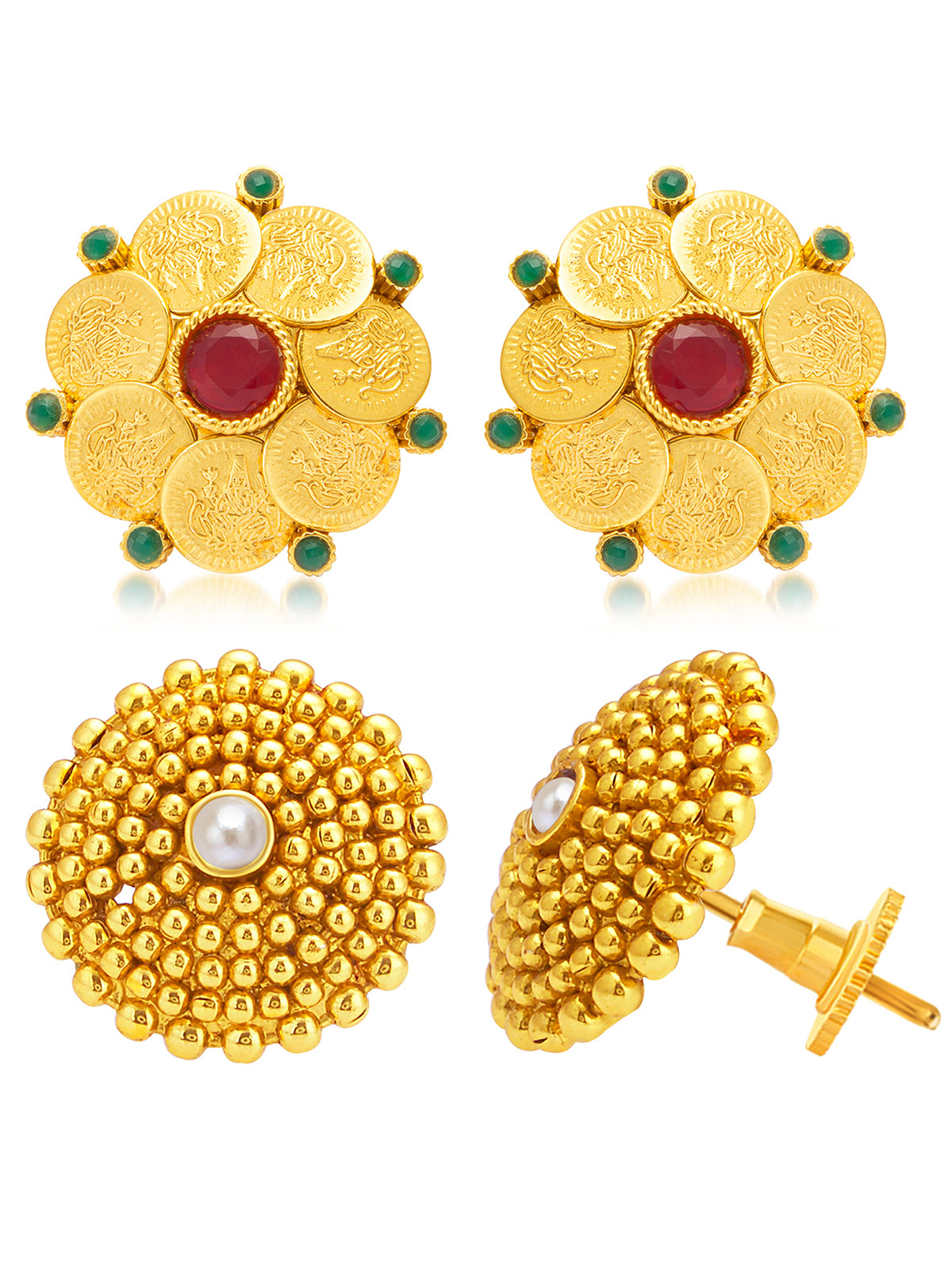 Sukkhi Ethnic Gold Plated Set of 2 Pair Temple Stud Earring Combo For Women 318CB850