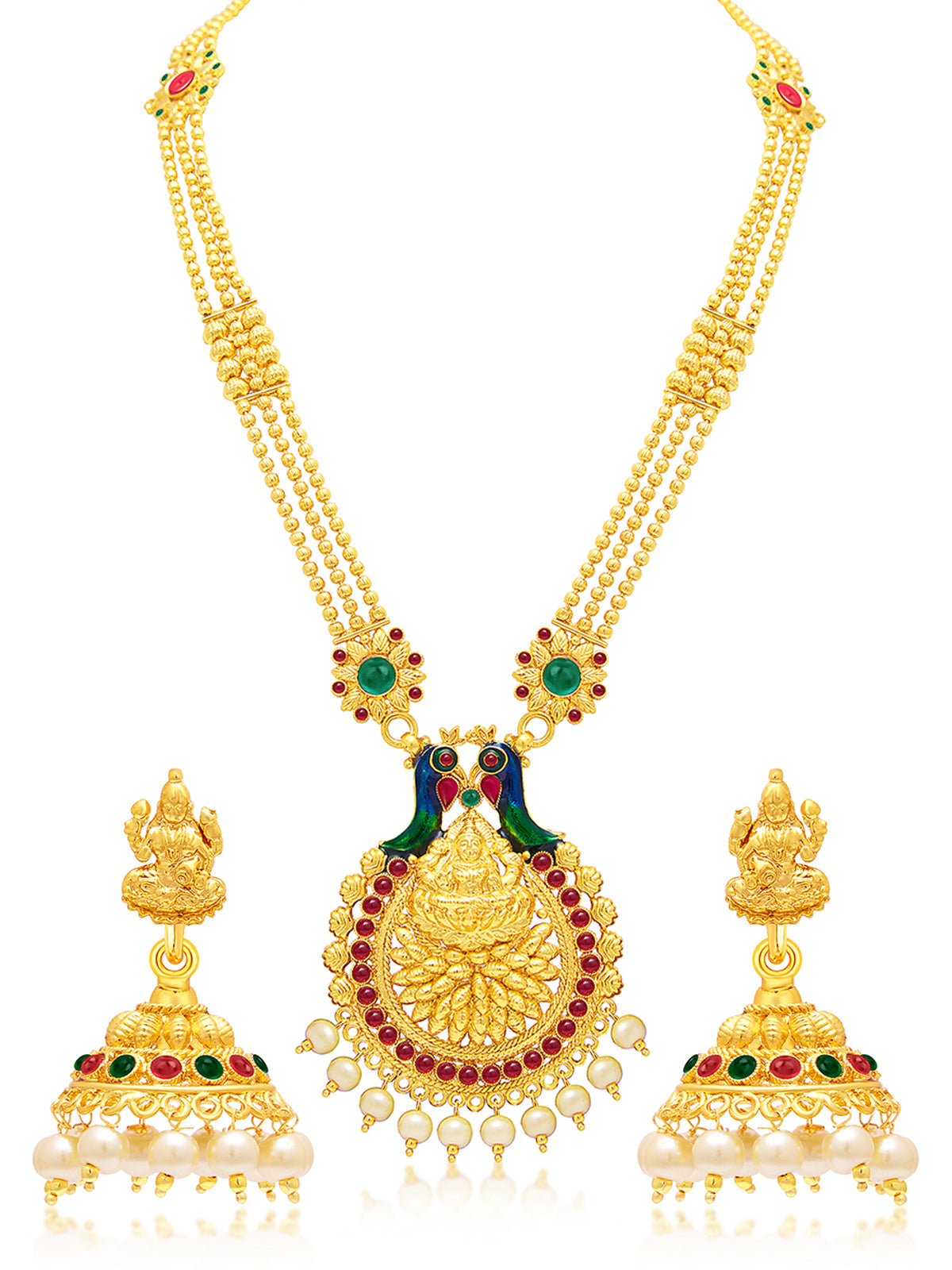 Sukkhi Designer Pearl Gold Plated Laxmi Peacock Meenakari Long Haram Necklace Set For Women 3196NGLDPP1400