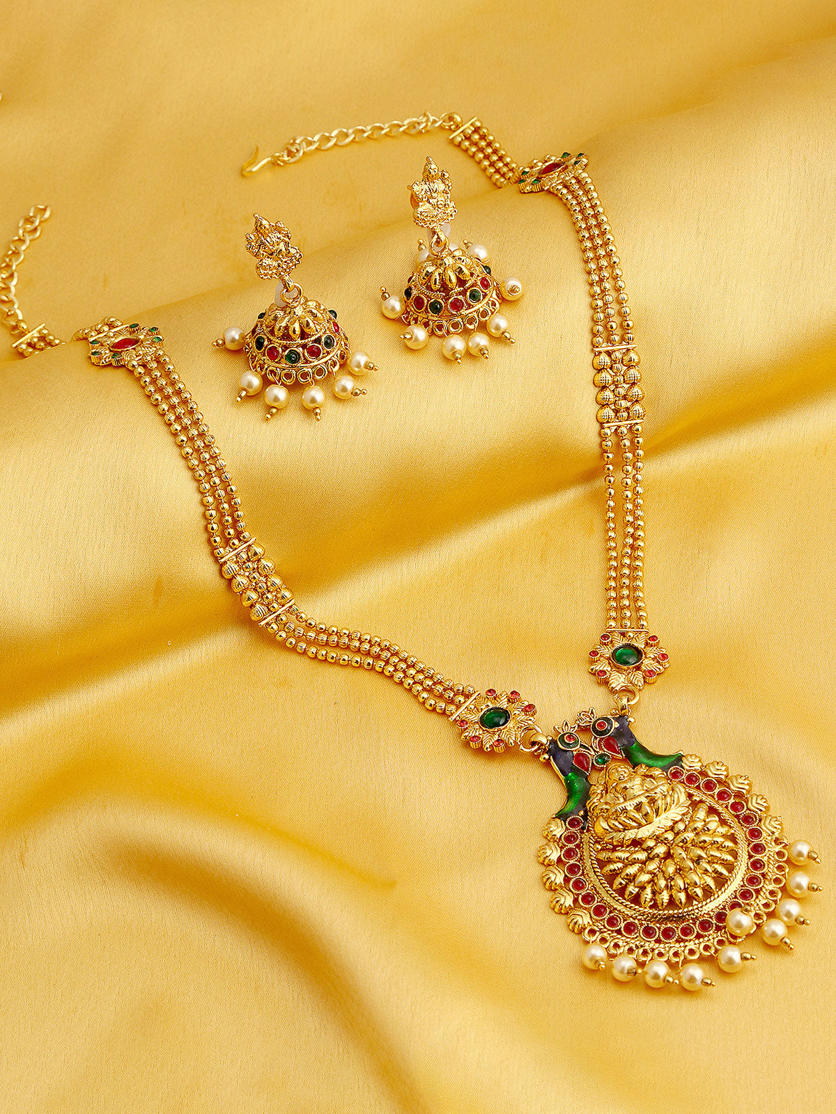 Sukkhi Designer Pearl Gold Plated Laxmi Peacock Meenakari Long Haram Necklace Set For Women 3196NGLDPP1400
