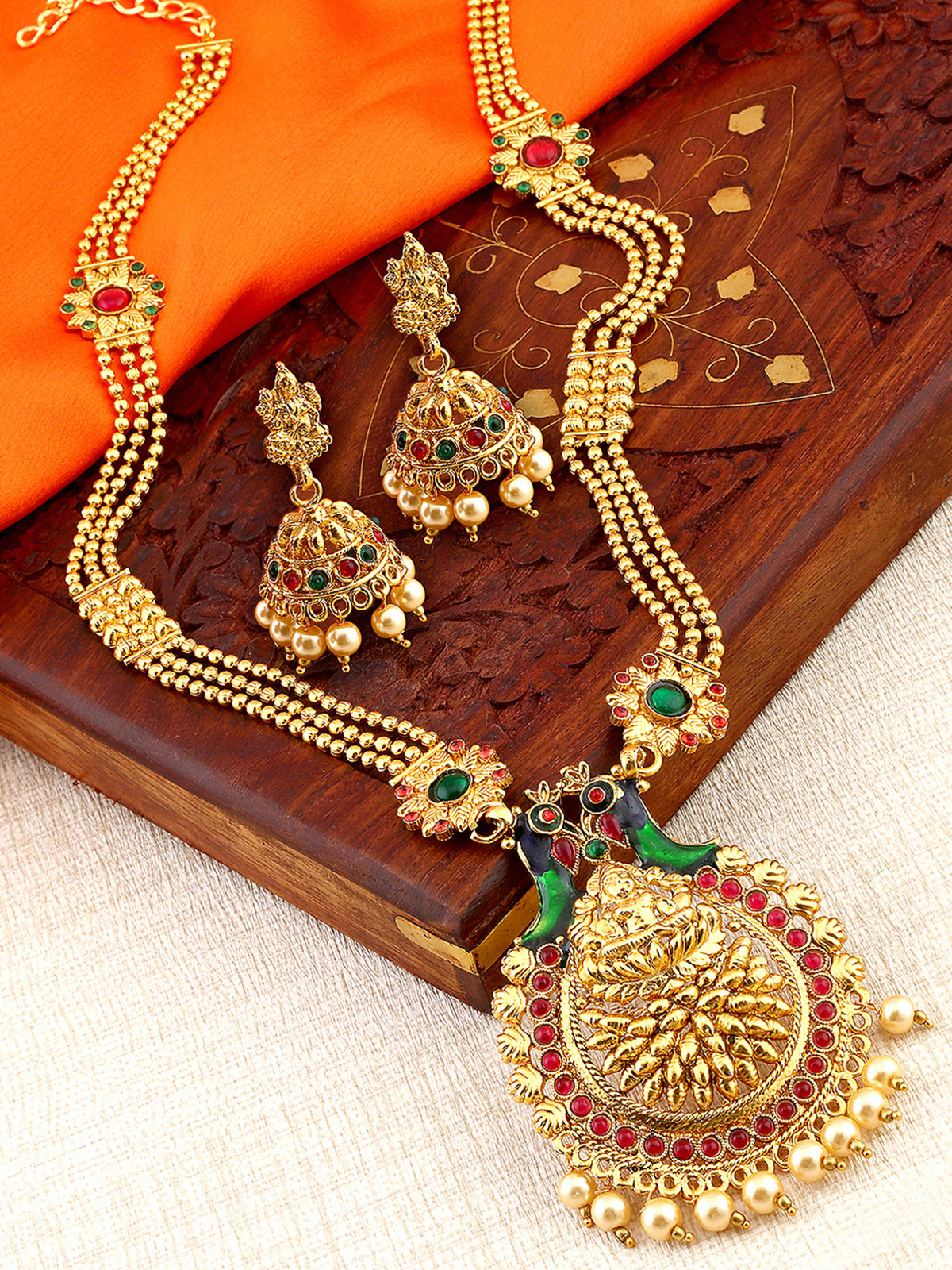 Sukkhi Designer Pearl Gold Plated Laxmi Peacock Meenakari Long Haram Necklace Set For Women 3196NGLDPP1400