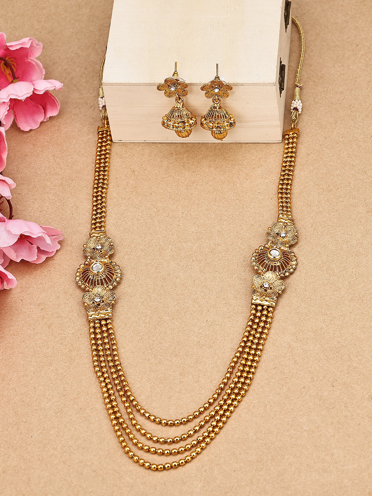 Sukkhi Stylish Gold Plated Kundan Multi-String Necklace Set For Women 3250NGLDPKN1000