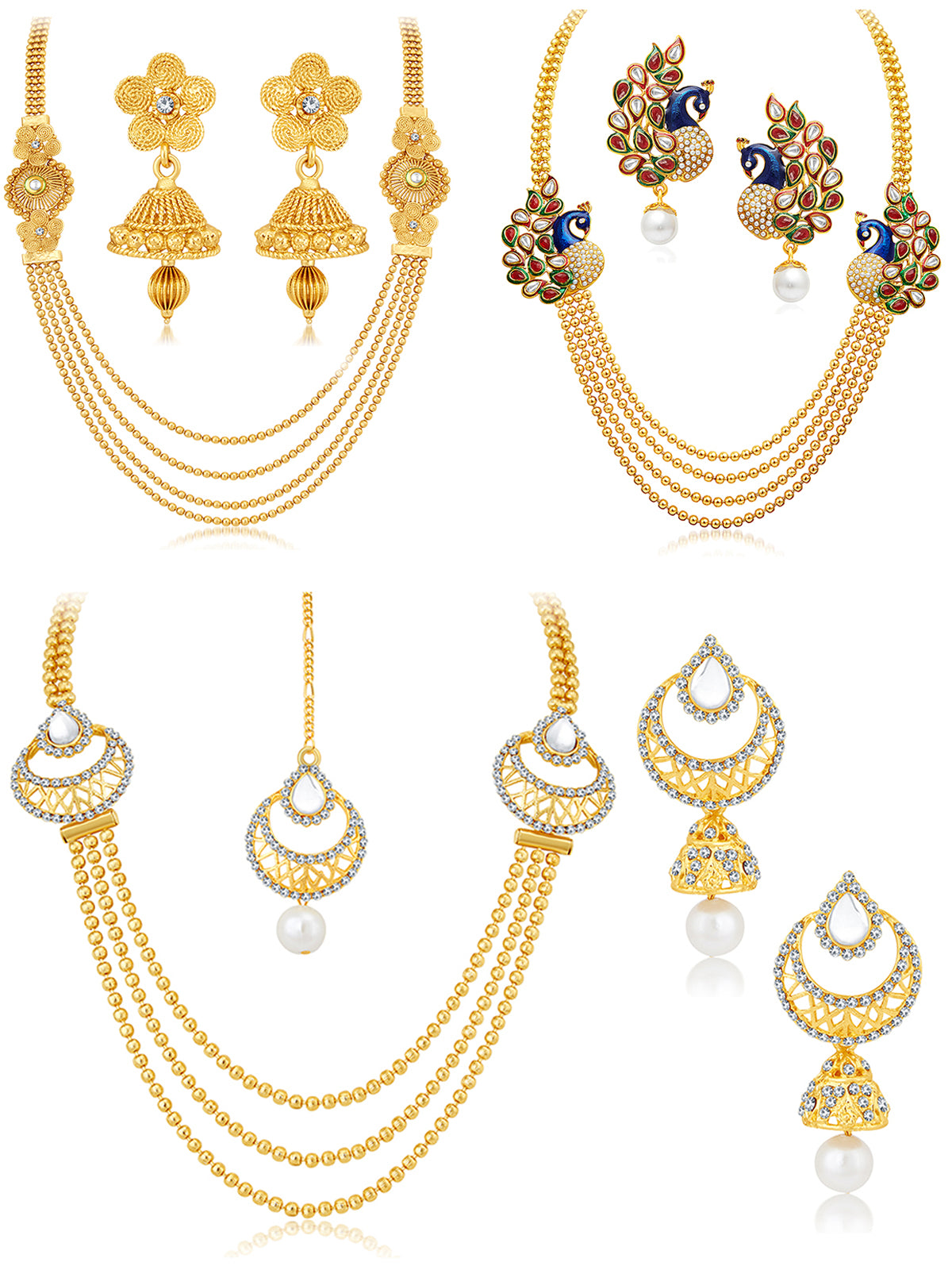 Sukkhi Gorgeous Pearl Gold Plated Kundan Peacock Meenakari Multi-String Necklace Set Combo For Women 457CB2700