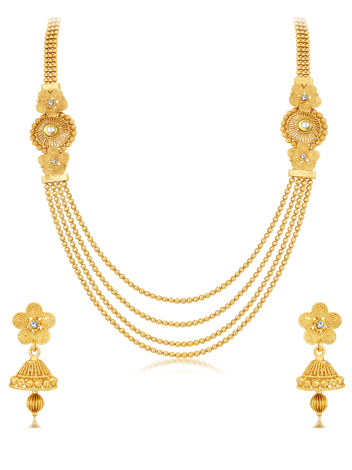 Sukkhi Gorgeous Pearl Gold Plated Kundan Peacock Meenakari Multi-String Necklace Set Combo For Women 457CB2700