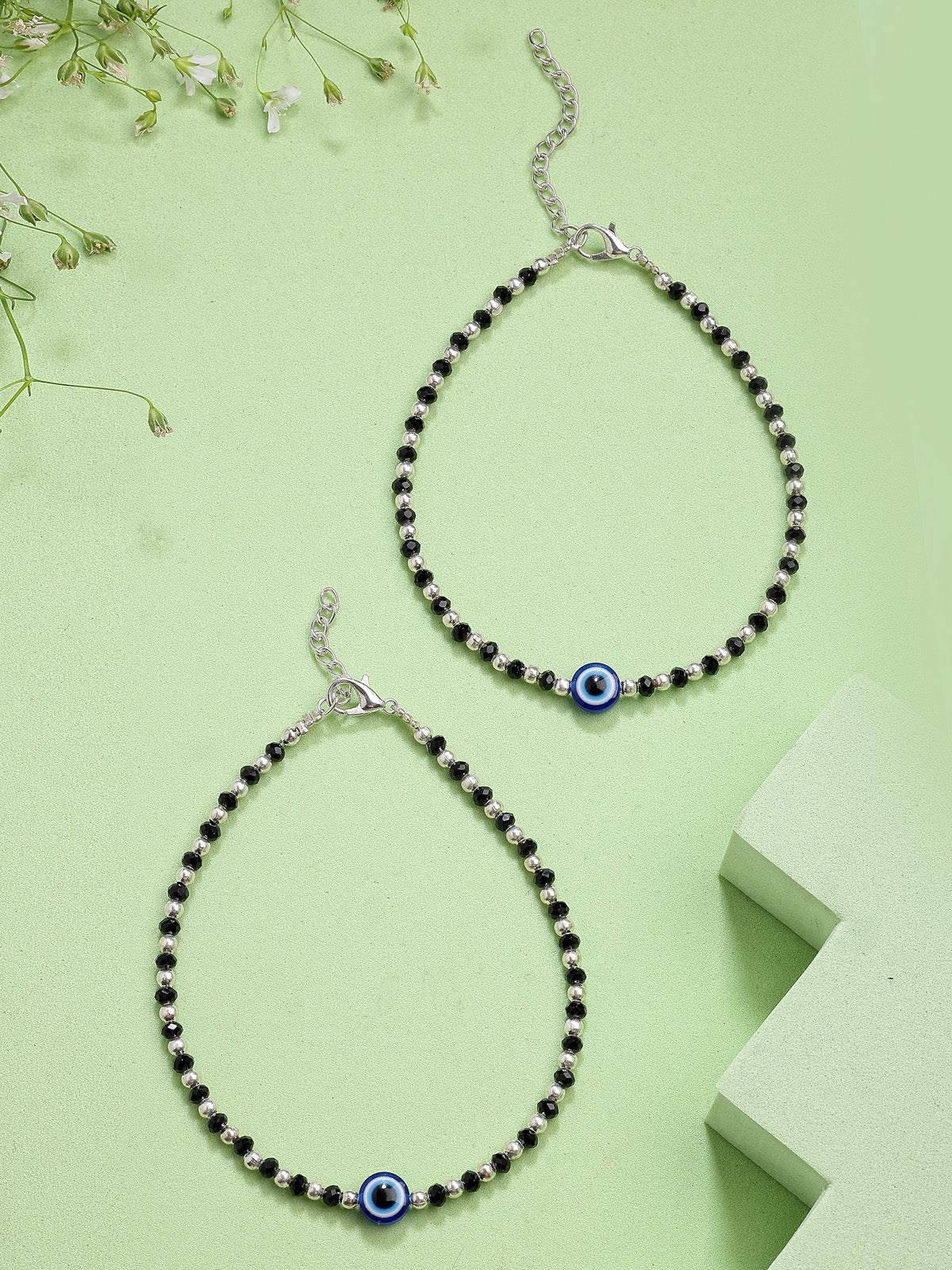 Scintillare By Sukkhi Latest Rhodium Plated with Trendy Black & Silver Crystal Beads Evil Eye Charm Nazariya Anklet (Payal) for Women and Girls|Pack of 2|A107492