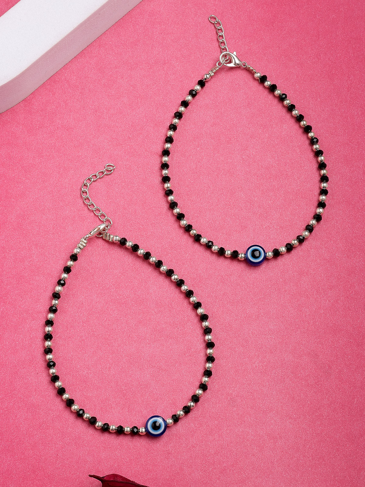 Scintillare By Sukkhi Latest Rhodium Plated with Trendy Black & Silver Crystal Beads Evil Eye Charm Nazariya Anklet (Payal) for Women and Girls|Pack of 2|A107492