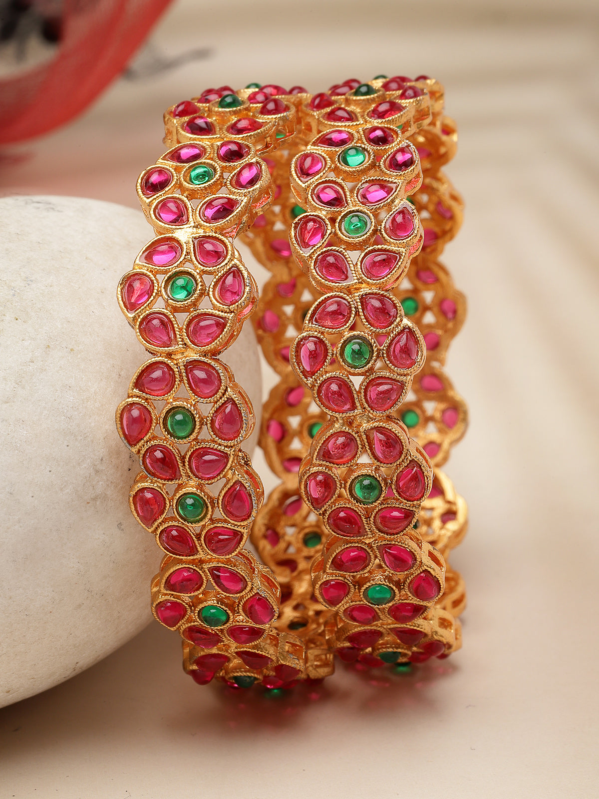 Sukkhi Indian Style Floral Gold Plated Red And Green Broad Bracelets Bangle Set Jewellery for Women & Girls | Set of 2 Latest Design| Birthday Anniversary Gift for Women|B105851