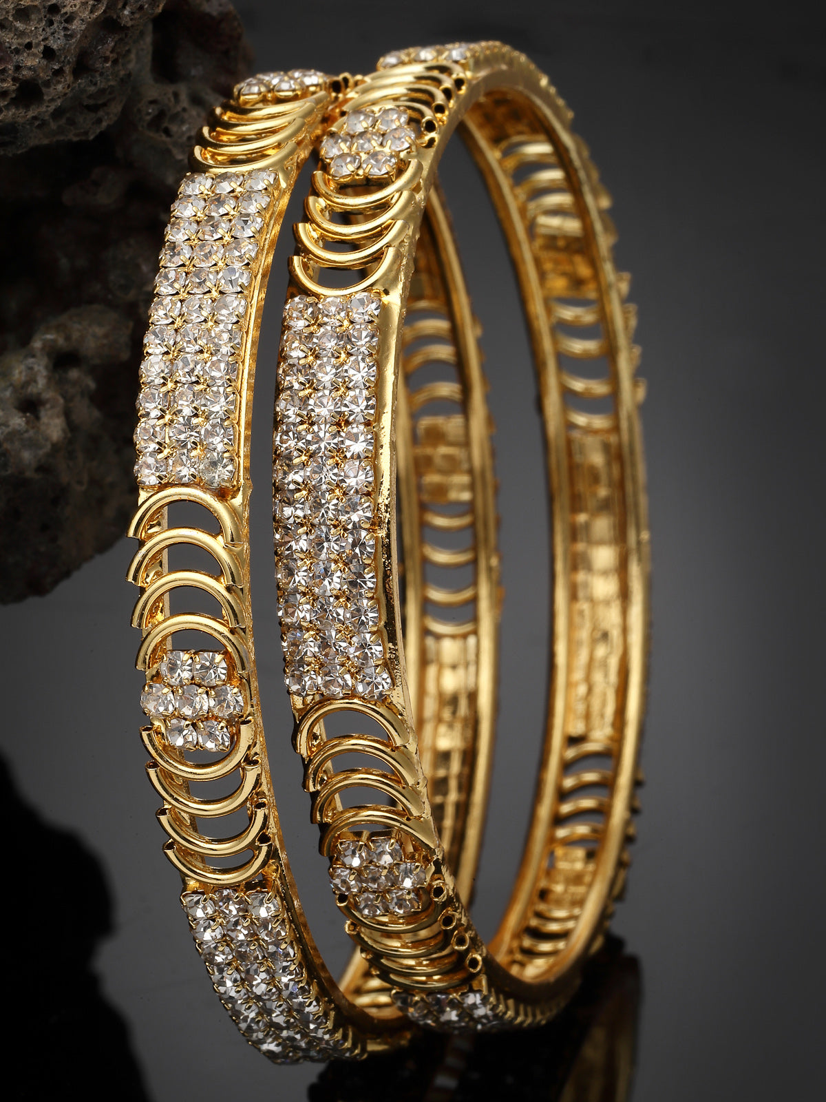 Sukkhi Classy Gold Tone Plated White AD Stones Studded Set of 2 Kada Bracelet Bangle Jewellery Set for Women & Girls Latest Design| Birthday Anniversary Gift for Women|B105852