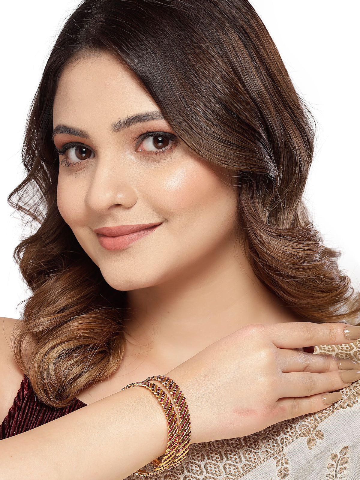 Sukkhi Bollywood Style Gold Tone Plated Red AD Stones Studded Set of 2 Kada Bracelet Bangle Jewellery Set for Women & Girls Latest Design| Birthday Anniversary Gift for Women|B105854