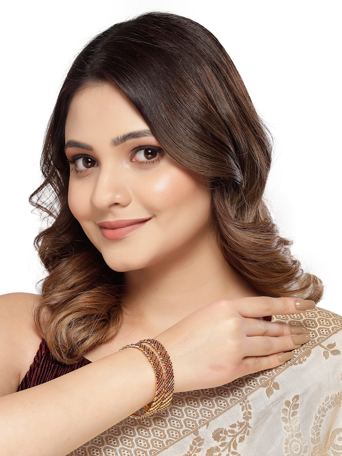 Sukkhi Bollywood Style Gold Tone Plated Red AD Stones Studded Set of 2 Kada Bracelet Bangle Jewellery Set for Women & Girls Latest Design| Birthday Anniversary Gift for Women|B105854