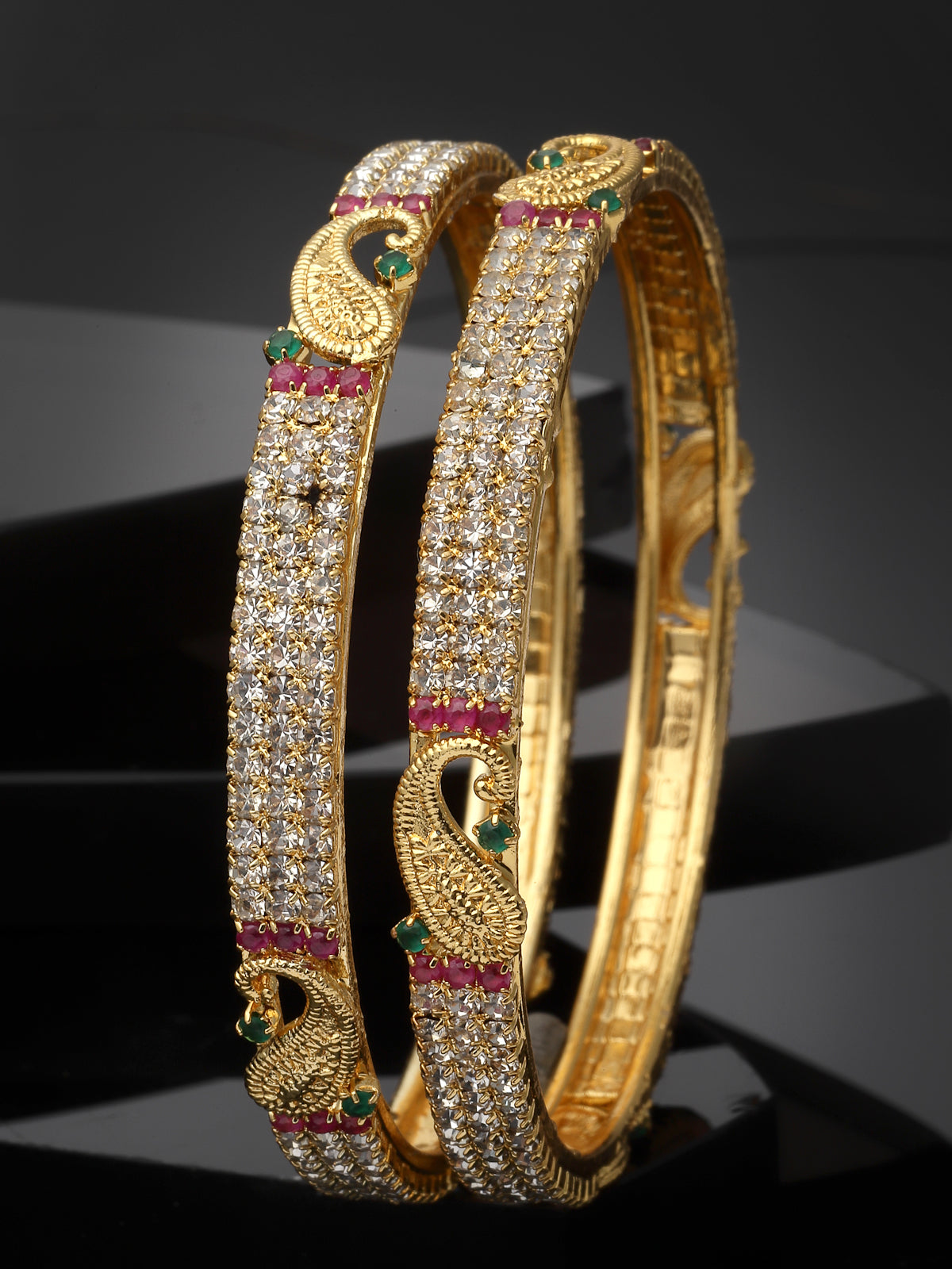 Sukkhi Peacock Design Gold Plated Red & Green & White AD Stones Set of 2 Kada Bracelet Bangle Jewellery Set for Women & Girls Latest Design|Birthday Anniversary Gift for Women|B105856