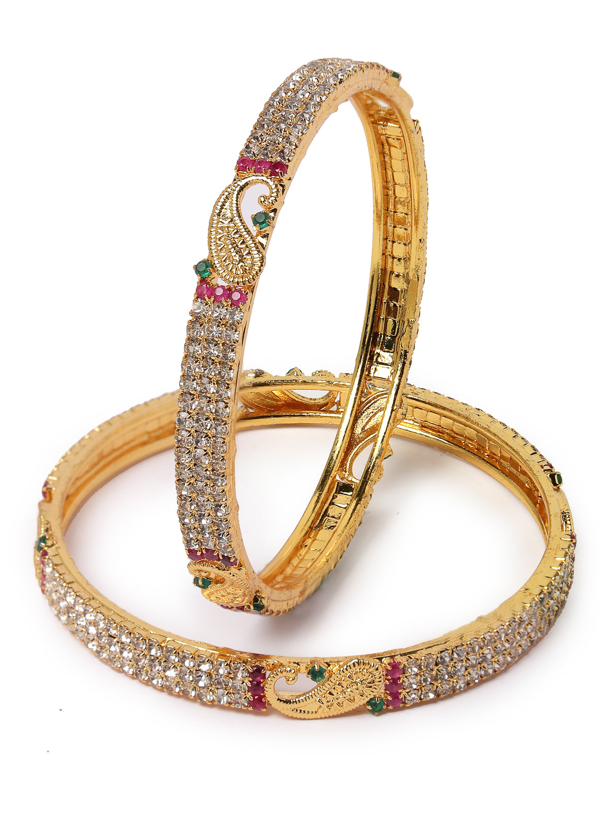 Sukkhi Peacock Design Gold Plated Red & Green & White AD Stones Set of 2 Kada Bracelet Bangle Jewellery Set for Women & Girls Latest Design|Birthday Anniversary Gift for Women|B105856