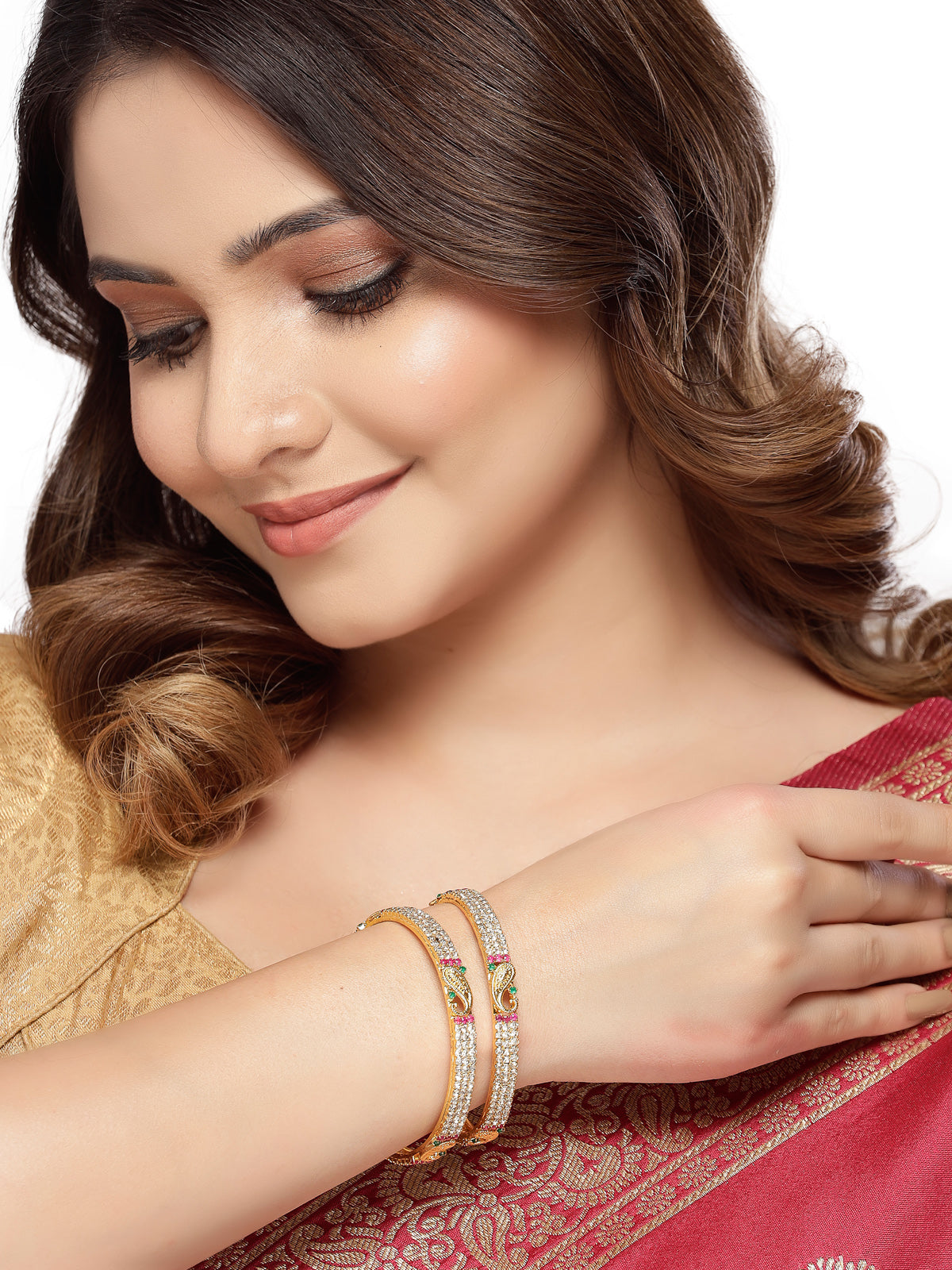 Sukkhi Peacock Design Gold Plated Red & Green & White AD Stones Set of 2 Kada Bracelet Bangle Jewellery Set for Women & Girls Latest Design|Birthday Anniversary Gift for Women|B105856