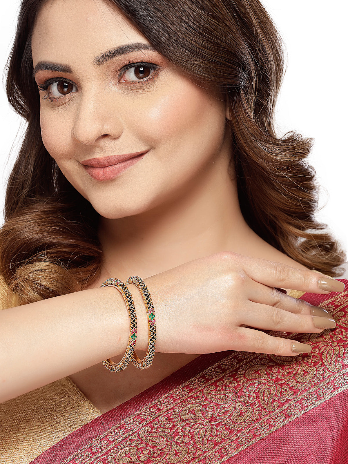 Sukkhi Classic Gold Plated Red And Green Kada Bracelet Bangle Jewellery Set for Women & Girls | Set of 2 Latest Design| Birthday Anniversary Gift for Women|B105859