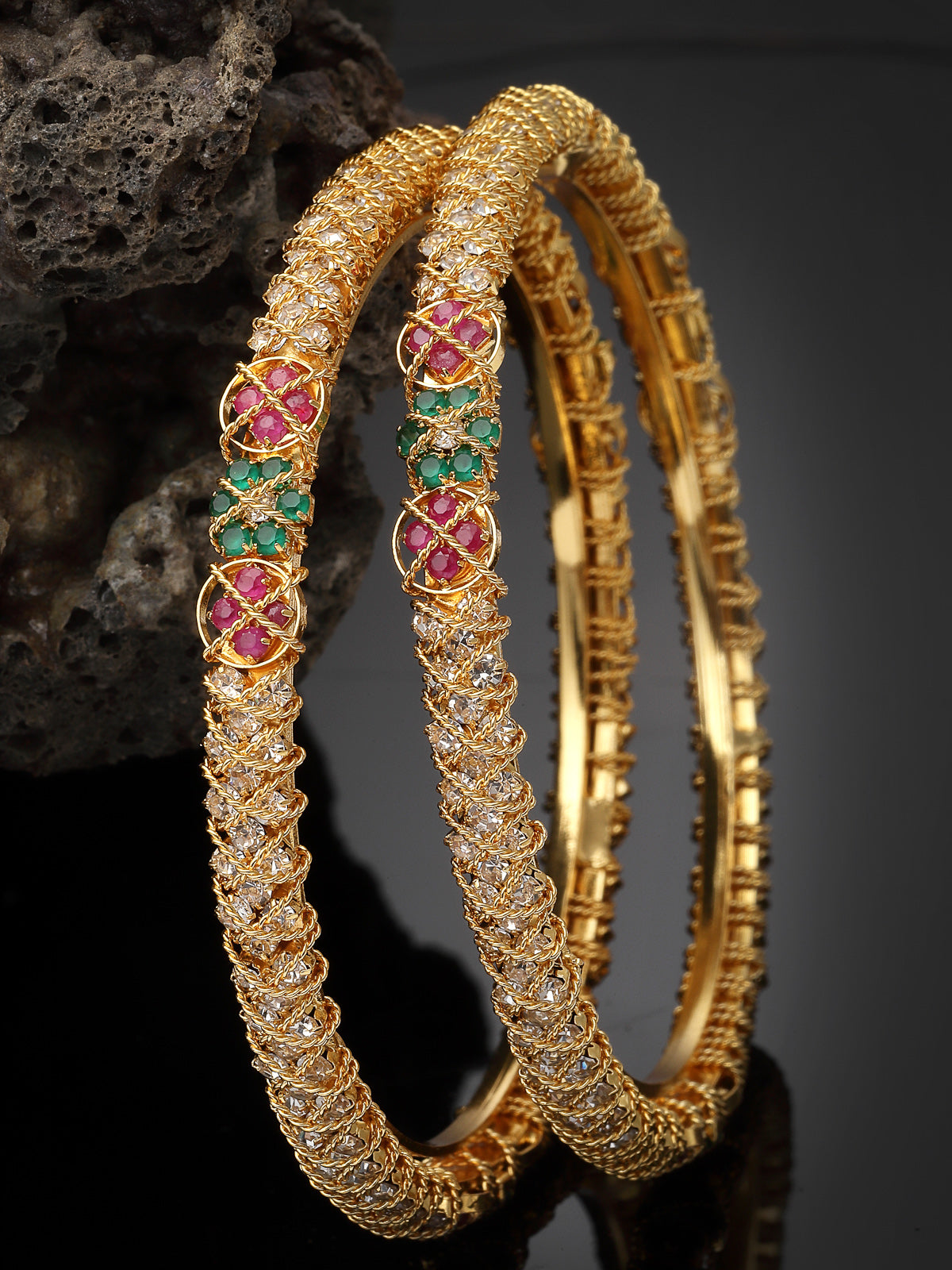 Sukkhi Beautiful Gold Plated Red And Green & White AD Stones Studded Kada Bracelet Bangle Jewellery Set for Women & Girls |Set of 2 Latest Design|Birthday Anniversary Gift for Women|B105860