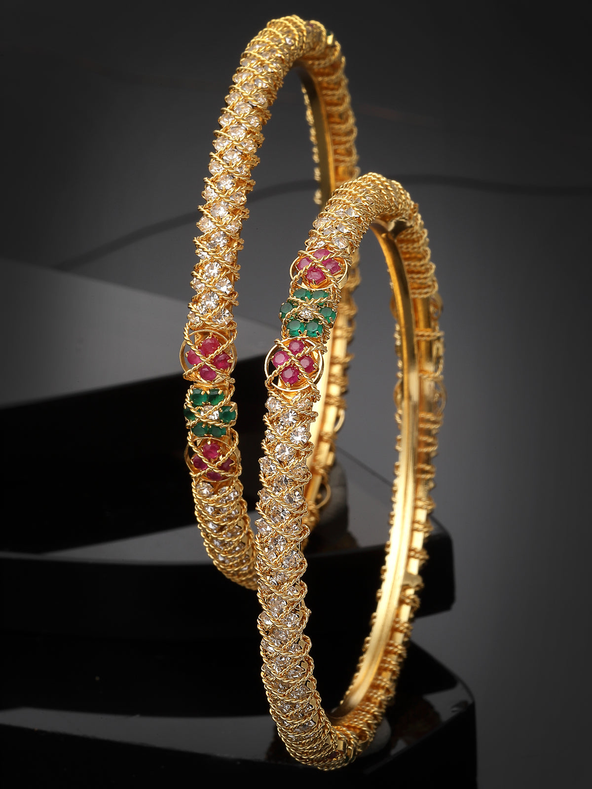 Sukkhi Beautiful Gold Plated Red And Green & White AD Stones Studded Kada Bracelet Bangle Jewellery Set for Women & Girls |Set of 2 Latest Design|Birthday Anniversary Gift for Women|B105860