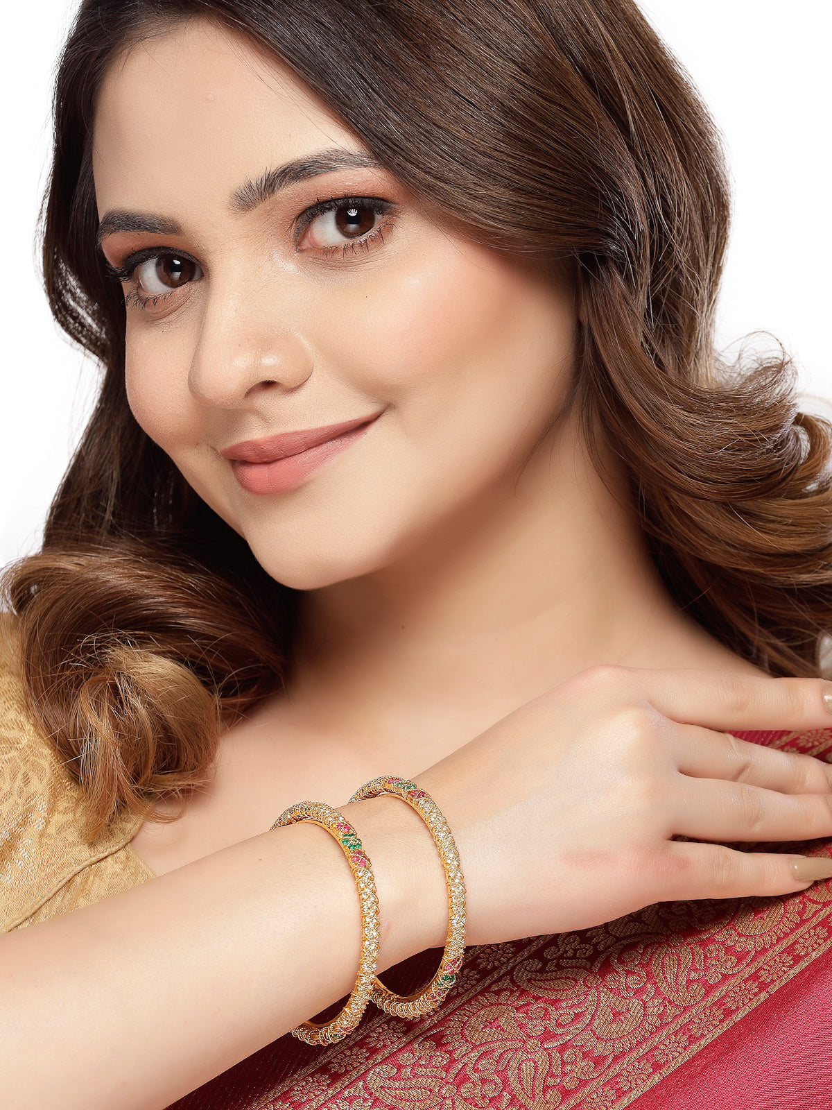 Sukkhi Beautiful Gold Plated Red And Green & White AD Stones Studded Kada Bracelet Bangle Jewellery Set for Women & Girls |Set of 2 Latest Design|Birthday Anniversary Gift for Women|B105860