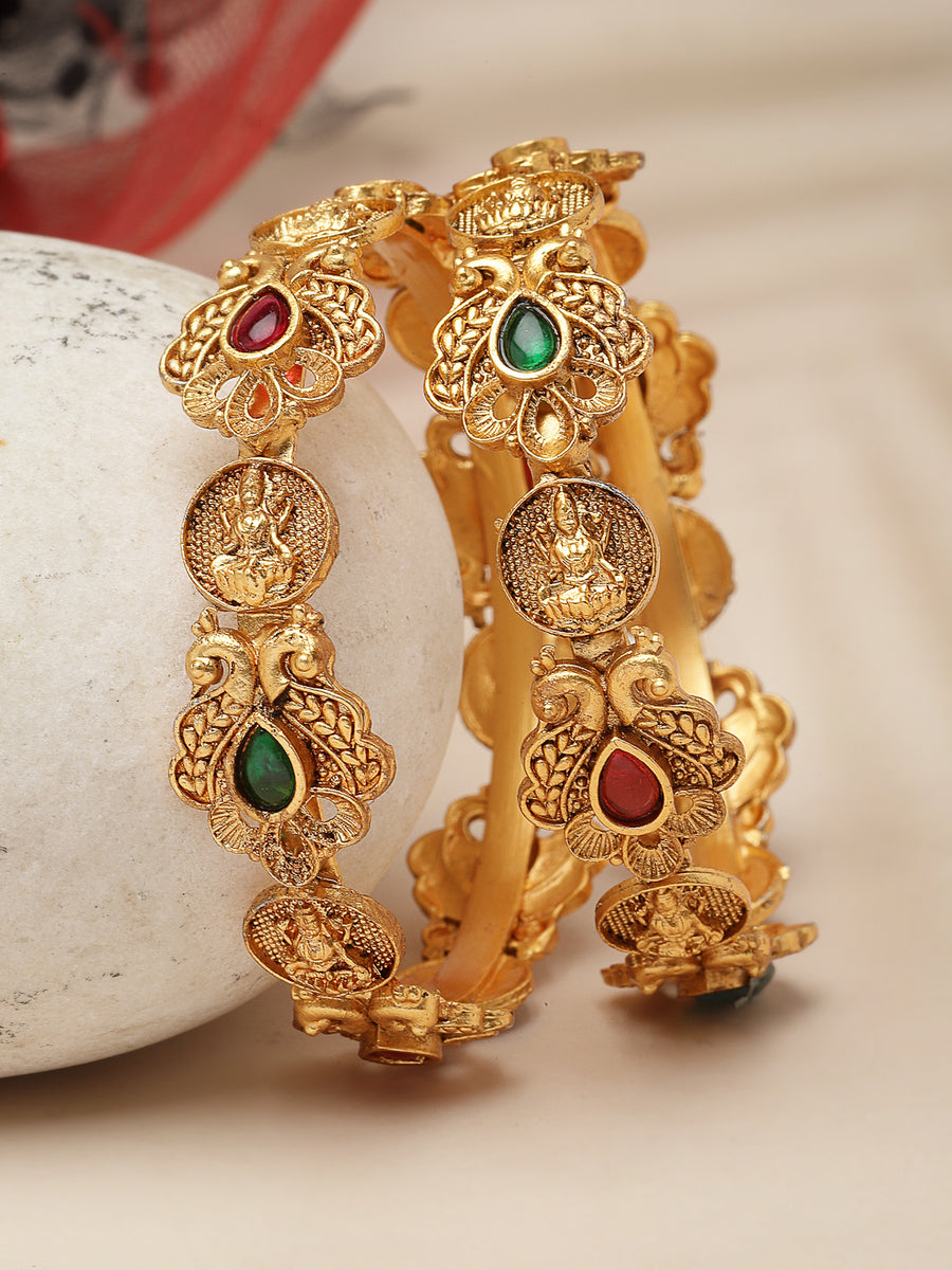 Sukkhi Indian Temple with Peacock Inspired Gold Plated Red And Green Kada Bracelet Bangle Jewellery Set for Women & Girls|Set of 2 Latest Design|Birthday Anniversary Gift for Women|B105861