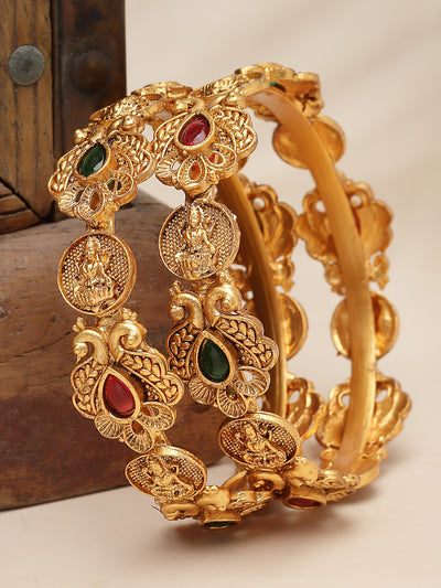 Sukkhi Indian Temple with Peacock Inspired Gold Plated Red And Green Kada Bracelet Bangle Jewellery Set for Women & Girls|Set of 2 Latest Design|Birthday Anniversary Gift for Women|B105861