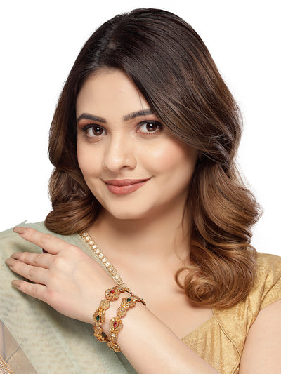 Sukkhi Indian Temple with Peacock Inspired Gold Plated Red And Green Kada Bracelet Bangle Jewellery Set for Women & Girls|Set of 2 Latest Design|Birthday Anniversary Gift for Women|B105861