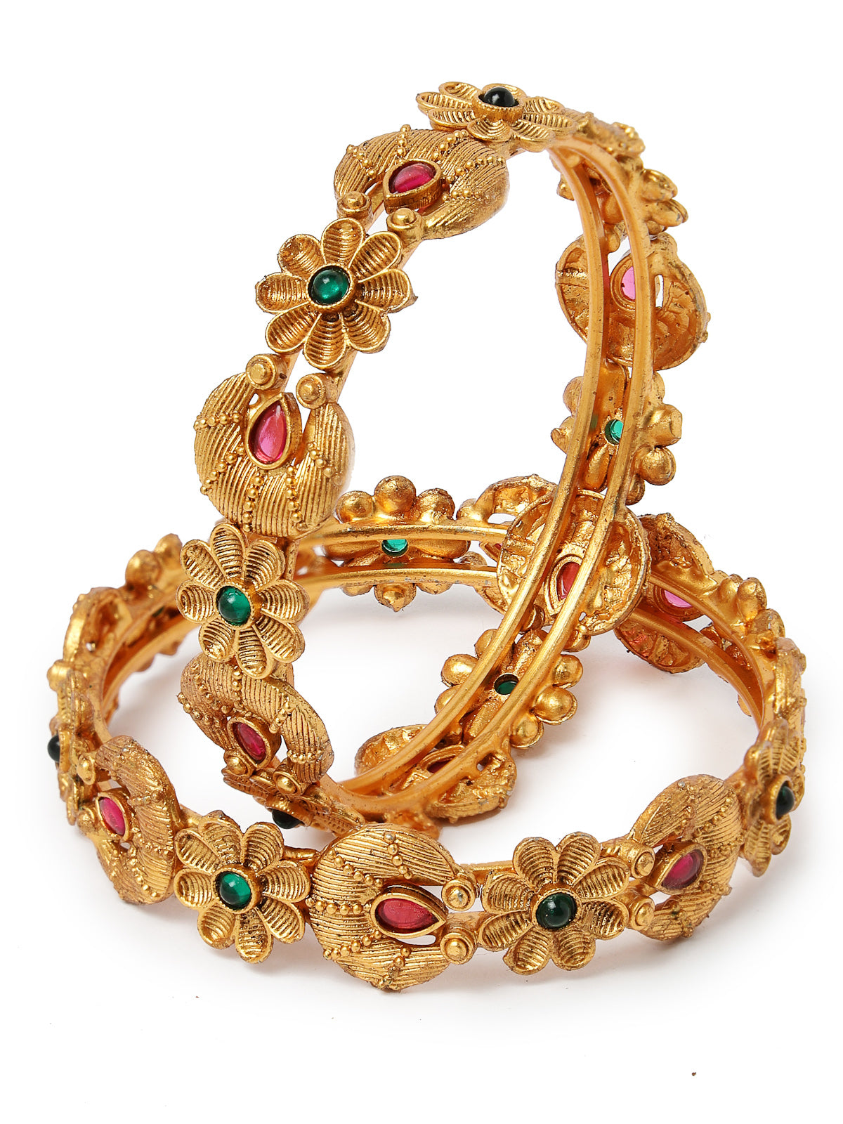 Sukkhi Eye-Catchy Floral Gold Plated Red And Green Kada Bracelet Bangle Jewellery Set for Women & Girls | Set of 2 Latest Design | Birthday Anniversary Gift for Women|B105863