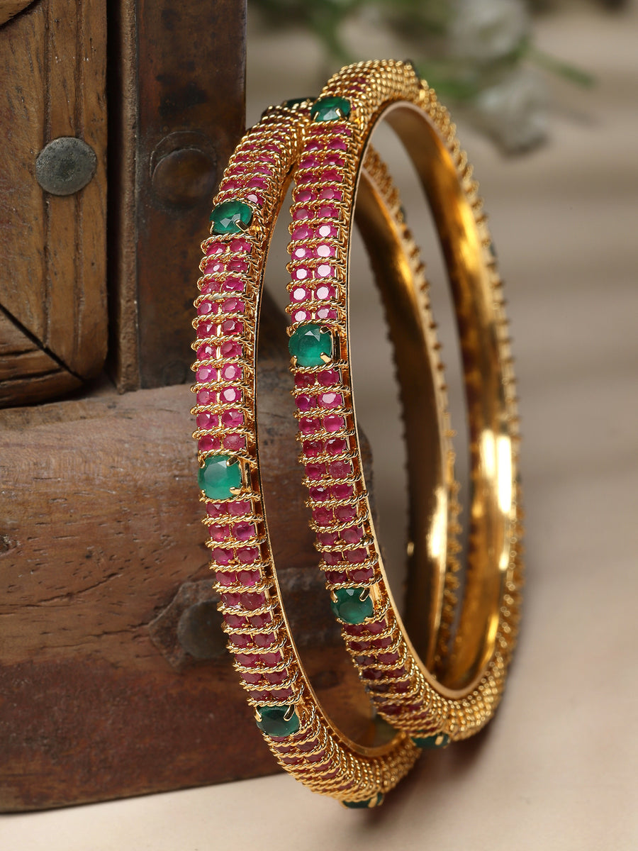 Sukkhi Decorative Gold Tone Plated Red And Green Kada Bracelet Bangle Jewellery Set for Women & Girls | Set of 2 Latest Design | Birthday Anniversary Gift for Women | (Size 2.6)|B105864