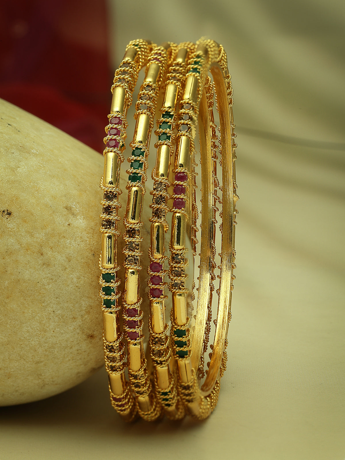 Sukkhi Latest Traditional Style Gold Plated Red And Green Thin Bracelet Bangle Set Jewellery for Women & Girls | Set of 4 Latest Design | Birthday Anniversary Gift for Women|B105870