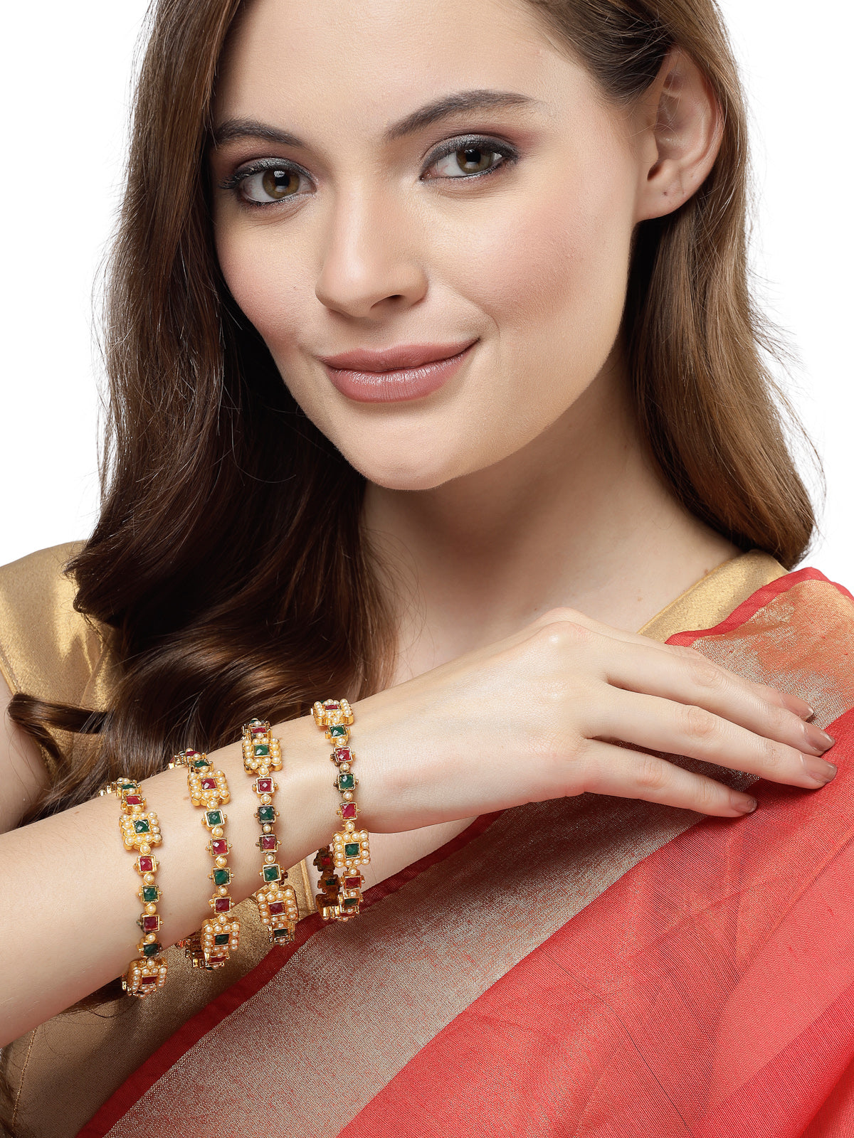 Sukkhi Excellent Gold Plated Red White Pearls Studded Bracelet Bangle Set Jewellery for Women & Girls | Set of 4 Latest Design | Birthday Anniversary Gift for Women|B105886