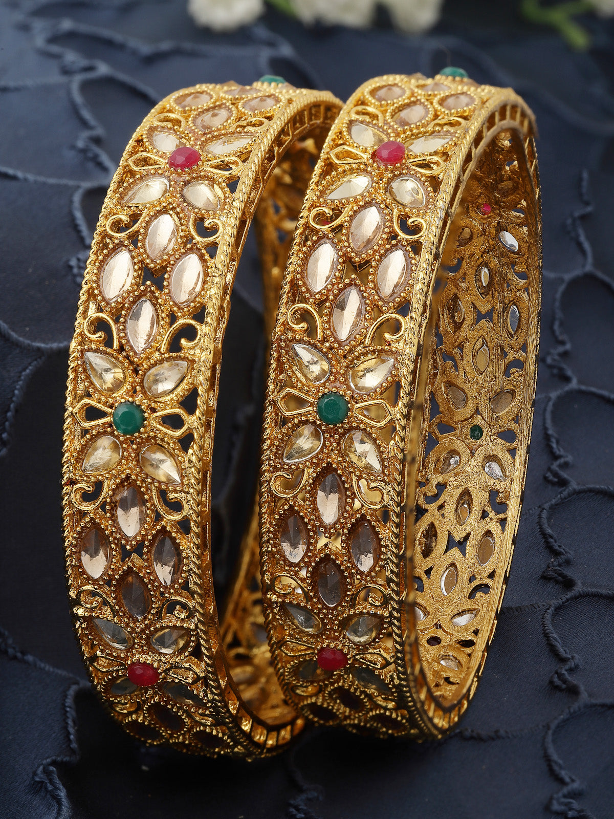 Sukkhi Eye-Catchy Floral Style Gold Plated Red And Green Broad Bracelet Bangle Set Jewellery for Women & Girls | Set of 2 Latest Design | Birthday Anniversary Gift for Women|B105890