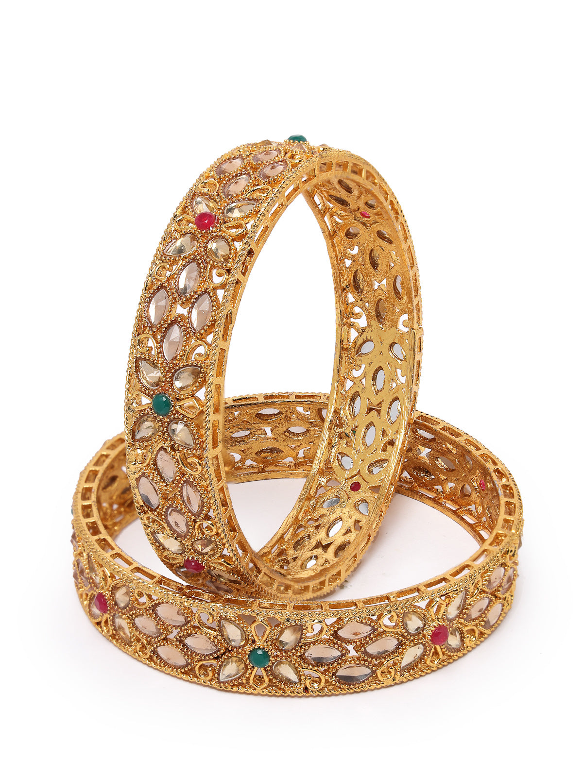 Sukkhi Eye-Catchy Floral Style Gold Plated Red And Green Broad Bracelet Bangle Set Jewellery for Women & Girls | Set of 2 Latest Design | Birthday Anniversary Gift for Women|B105890