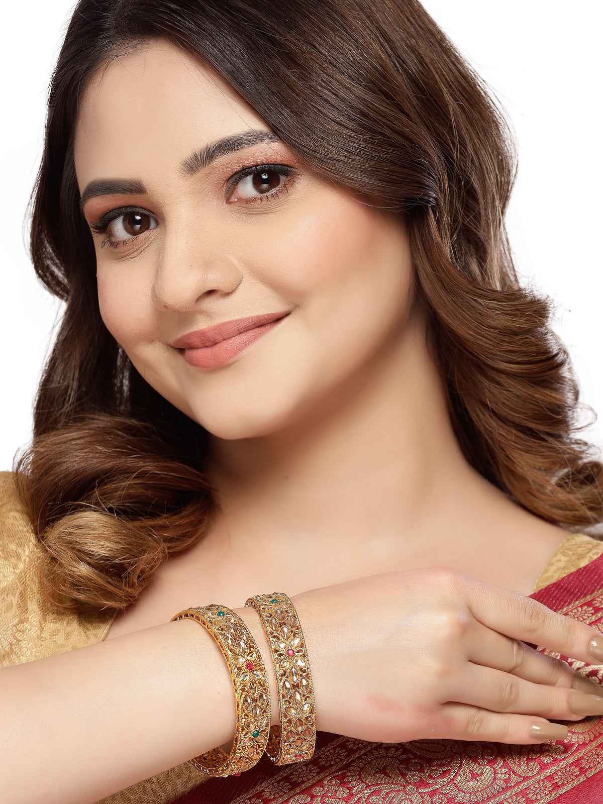 Sukkhi Eye-Catchy Floral Style Gold Plated Red And Green Broad Bracelet Bangle Set Jewellery for Women & Girls | Set of 2 Latest Design | Birthday Anniversary Gift for Women|B105890