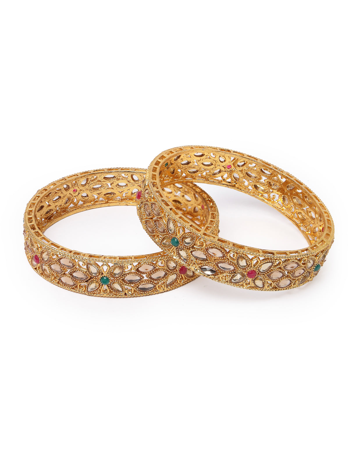 Sukkhi Eye-Catchy Floral Style Gold Plated Red And Green Broad Bracelet Bangle Set Jewellery for Women & Girls | Set of 2 Latest Design | Birthday Anniversary Gift for Women|B105890