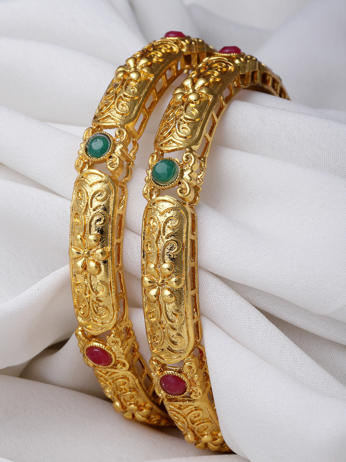 Sukkhi Classic-Inspired Kada Style Gold Plated Red And Green Bracelet/Bangle Set Jewellery for Women & Girls|Set of 2 Latest Design|Birthday Anniversary Gift for Women|B105893