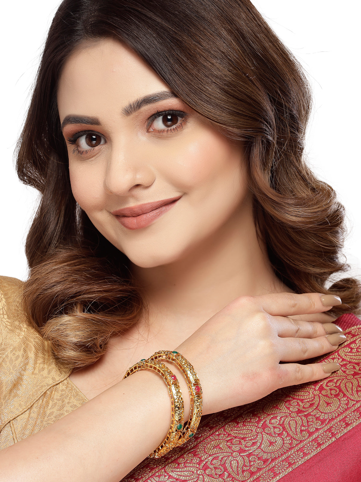Sukkhi Classic-Inspired Kada Style Gold Plated Red And Green Bracelet/Bangle Set Jewellery for Women & Girls|Set of 2 Latest Design|Birthday Anniversary Gift for Women|B105893
