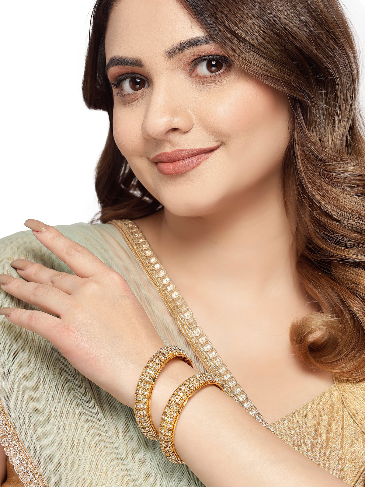 Sukkhi Exquisite Gold Tone Plated White AD Stones Studded Set of 2 Broad Bracelet Bangle Set Jewellery for Women & Girls|Latest Design|Birthday Anniversary Gift for Women|B105901