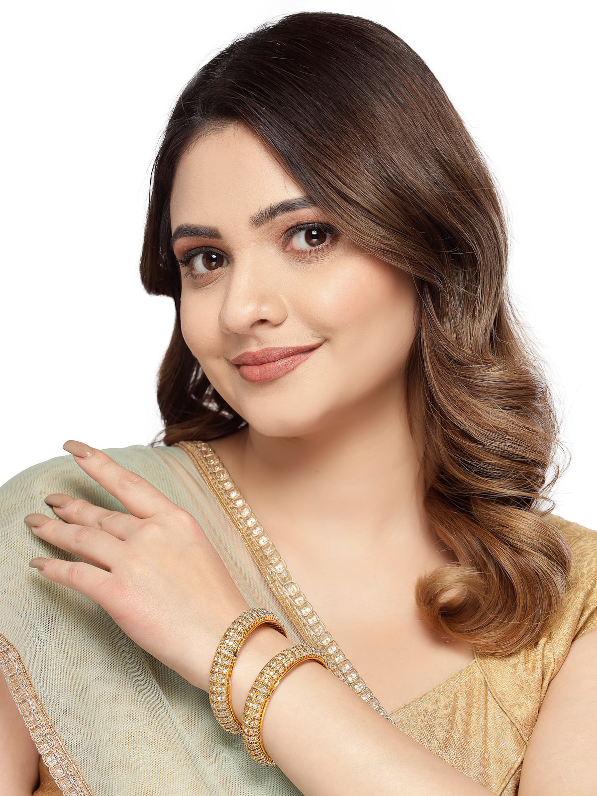 Sukkhi Exquisite Gold Tone Plated White AD Stones Studded Set of 2 Broad Bracelet Bangle Set Jewellery for Women & Girls|Latest Design|Birthday Anniversary Gift for Women|B105901