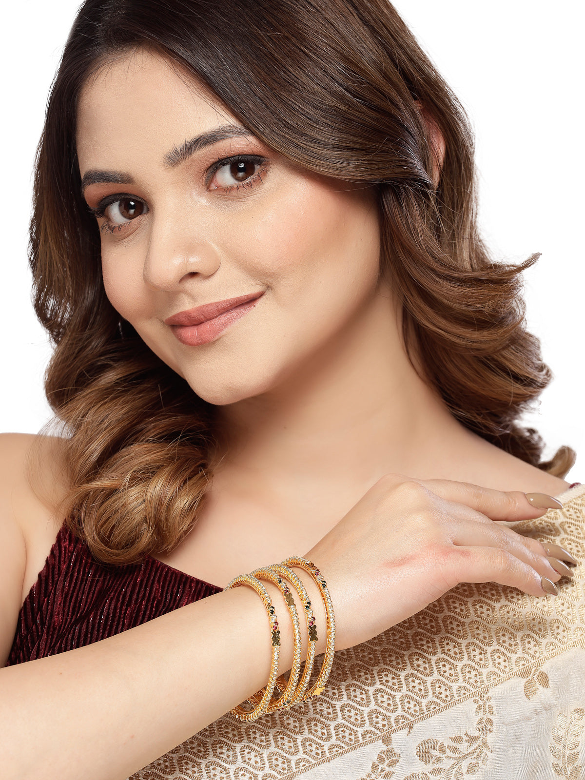 Sukkhi Attractive Daily Wear Gold Plated Multicolor White AD Stones Set of 4 Thin Bracelet Bangle Set Jewellery for Women & Girls|Latest Design|Birthday Anniversary Gift for Women|B105902
