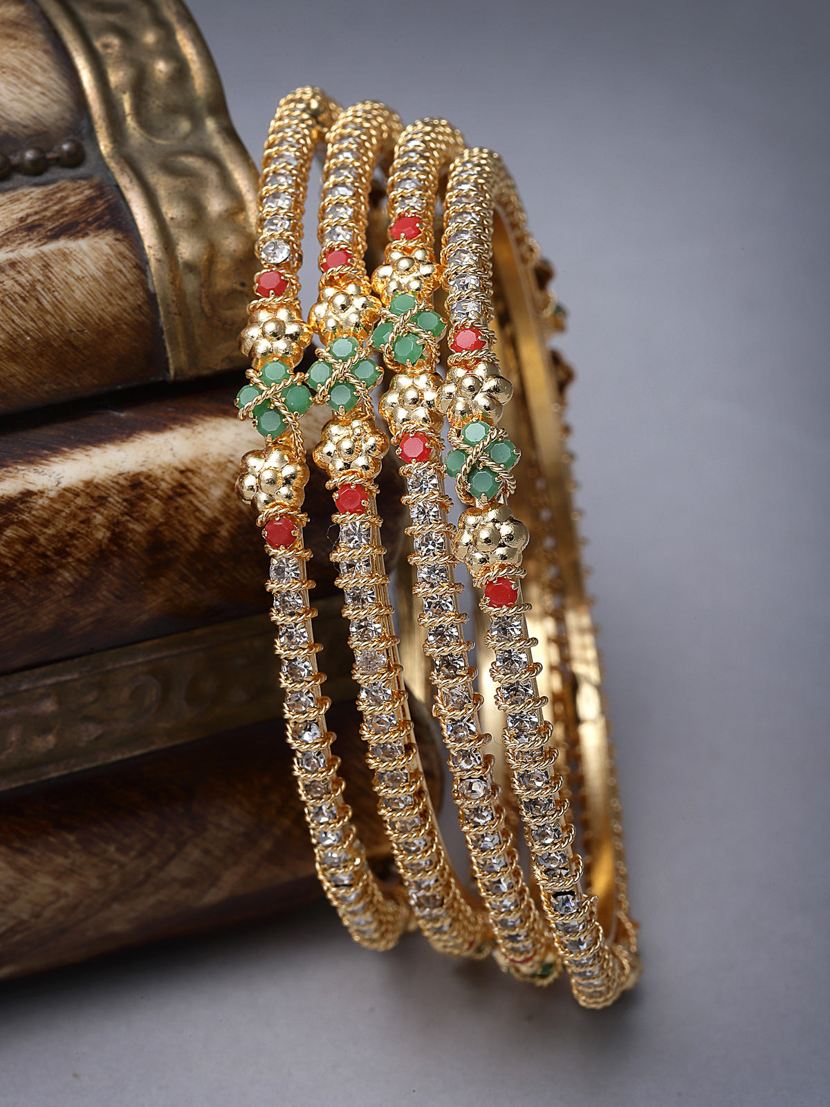 Sukkhi Graceful Gold Plated Multicolor White AD Stones Studded Set of 4 Thin Bracelet Bangle Set Jewellery for Women & Girls|Latest Design|Birthday Anniversary Gift for Women|B105903