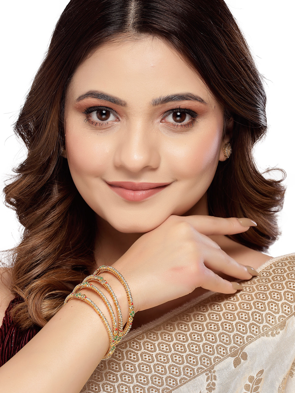 Sukkhi Graceful Gold Plated Multicolor White AD Stones Studded Set of 4 Thin Bracelet Bangle Set Jewellery for Women & Girls|Latest Design|Birthday Anniversary Gift for Women|B105903