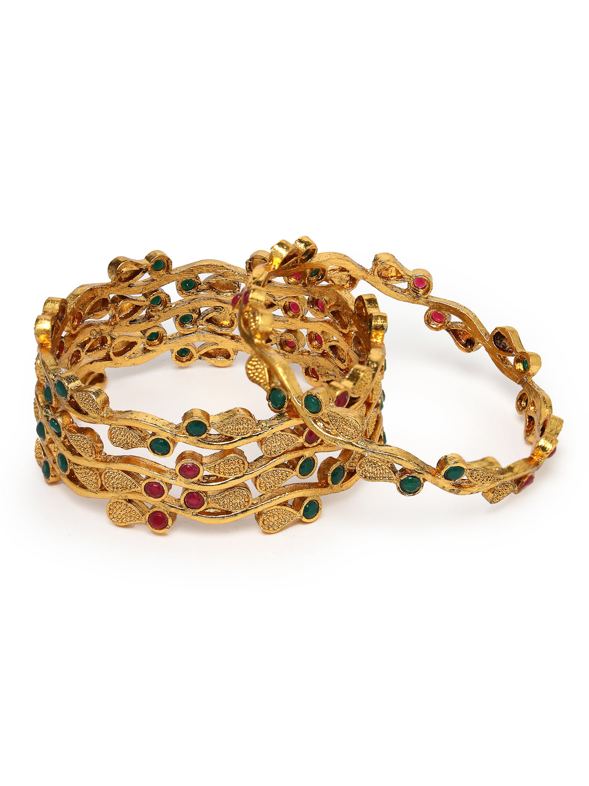 Sukkhi Classical Leaf Gold Plated Red And Green Bangle Set Jewellery for Women & Girls|Set of 4 Bracelet Latest Design|Birthday Anniversary Gift for Women|B105905