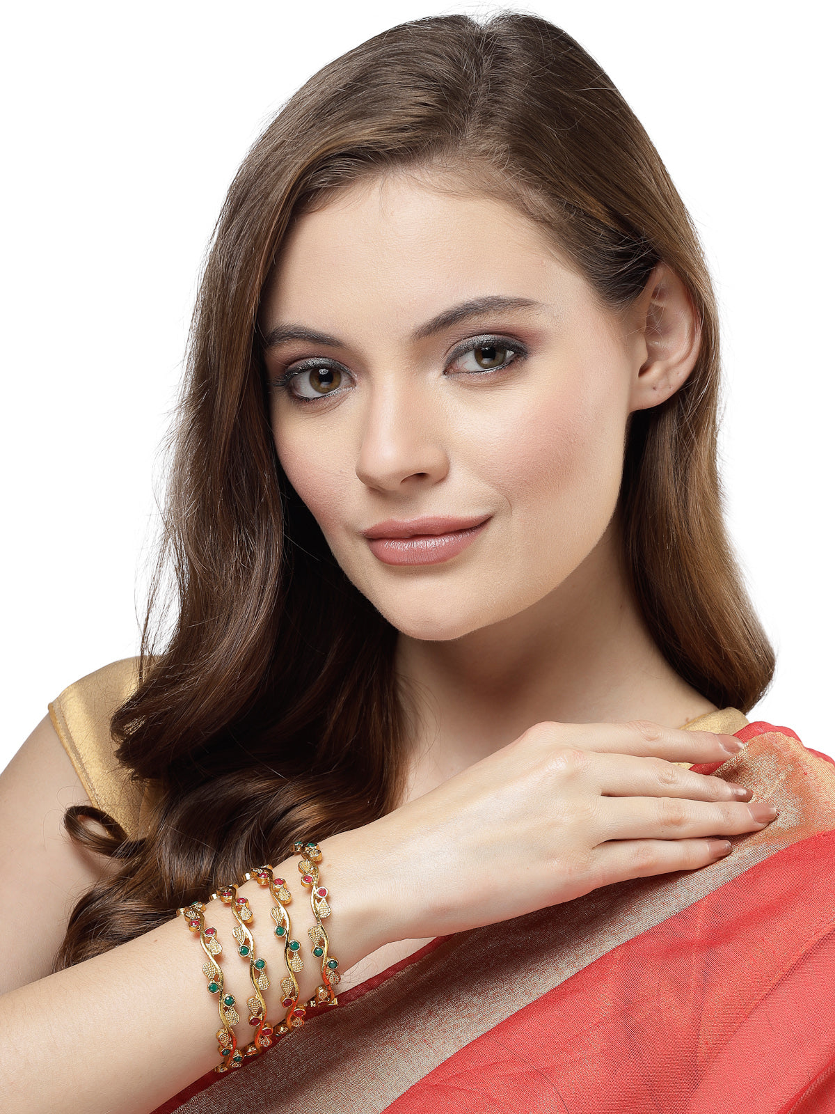 Sukkhi Classical Leaf Gold Plated Red And Green Bangle Set Jewellery for Women & Girls|Set of 4 Bracelet Latest Design|Birthday Anniversary Gift for Women|B105905