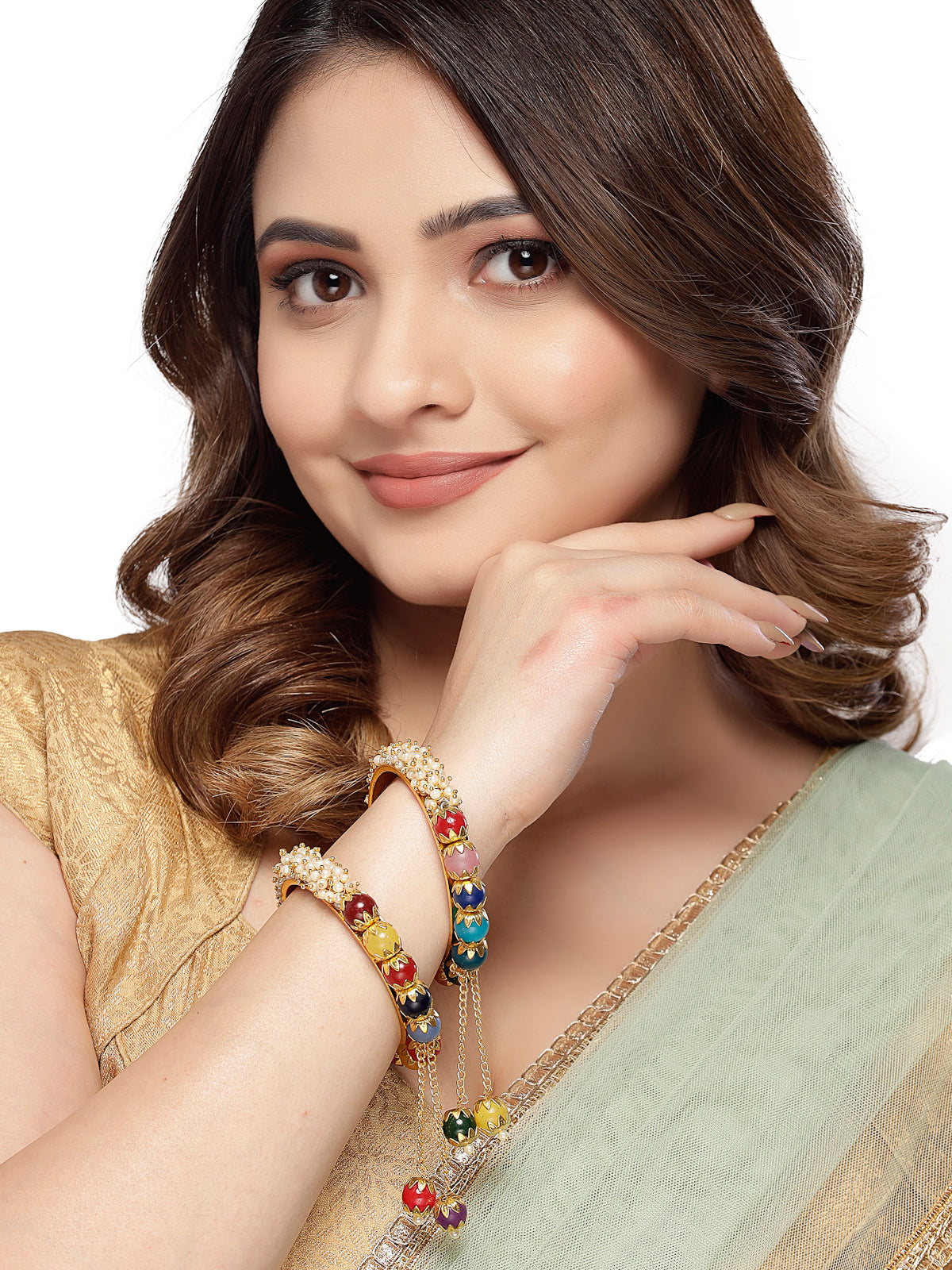 Sukkhi Pretty Multicolor Gold Tone Plated Hanging Beaded Bracelet Bangle Set Jewellery for Women & Girls|Set of 2 Latest Design|Birthday Anniversary Gift for Women|B105906